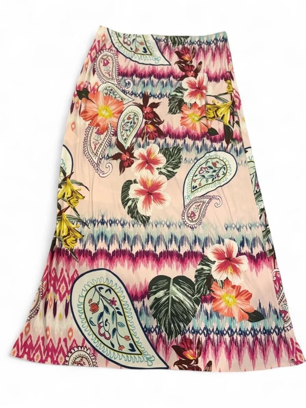 Chico’s 1 Tropical Floral Paisley Maxi Skirt with Side Slit in Peach and Pink